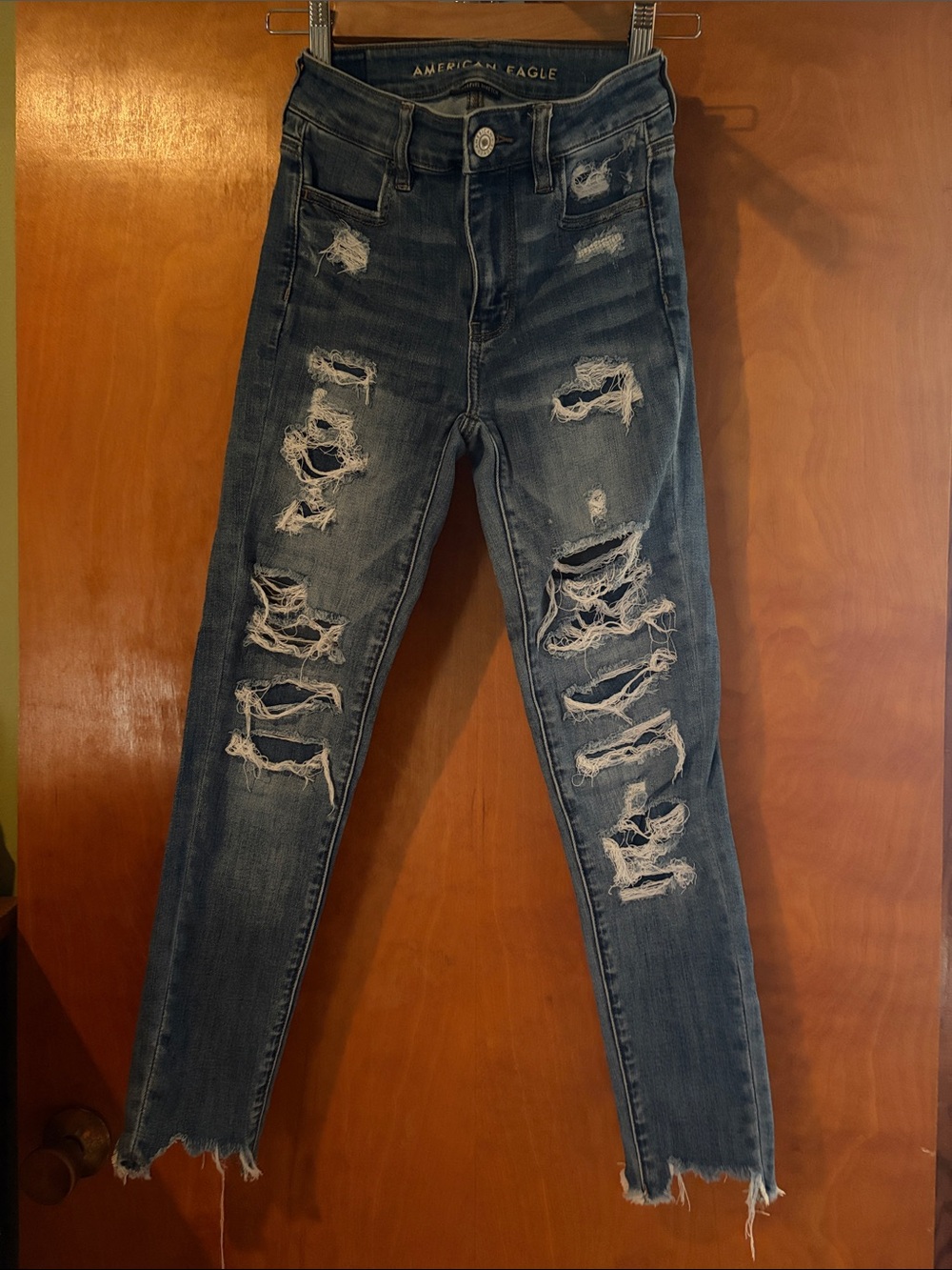 American Eagle Outfitters Distressed Dark Blue High-Rise Jeggings Crop